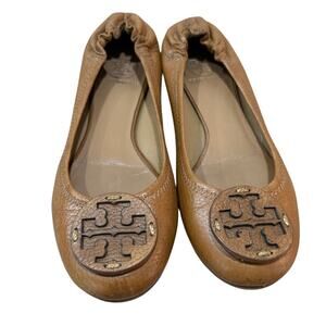 Tory Burch Reva Ballet Flats Brown Cognac Leather Logo Medallion Women's Size 6